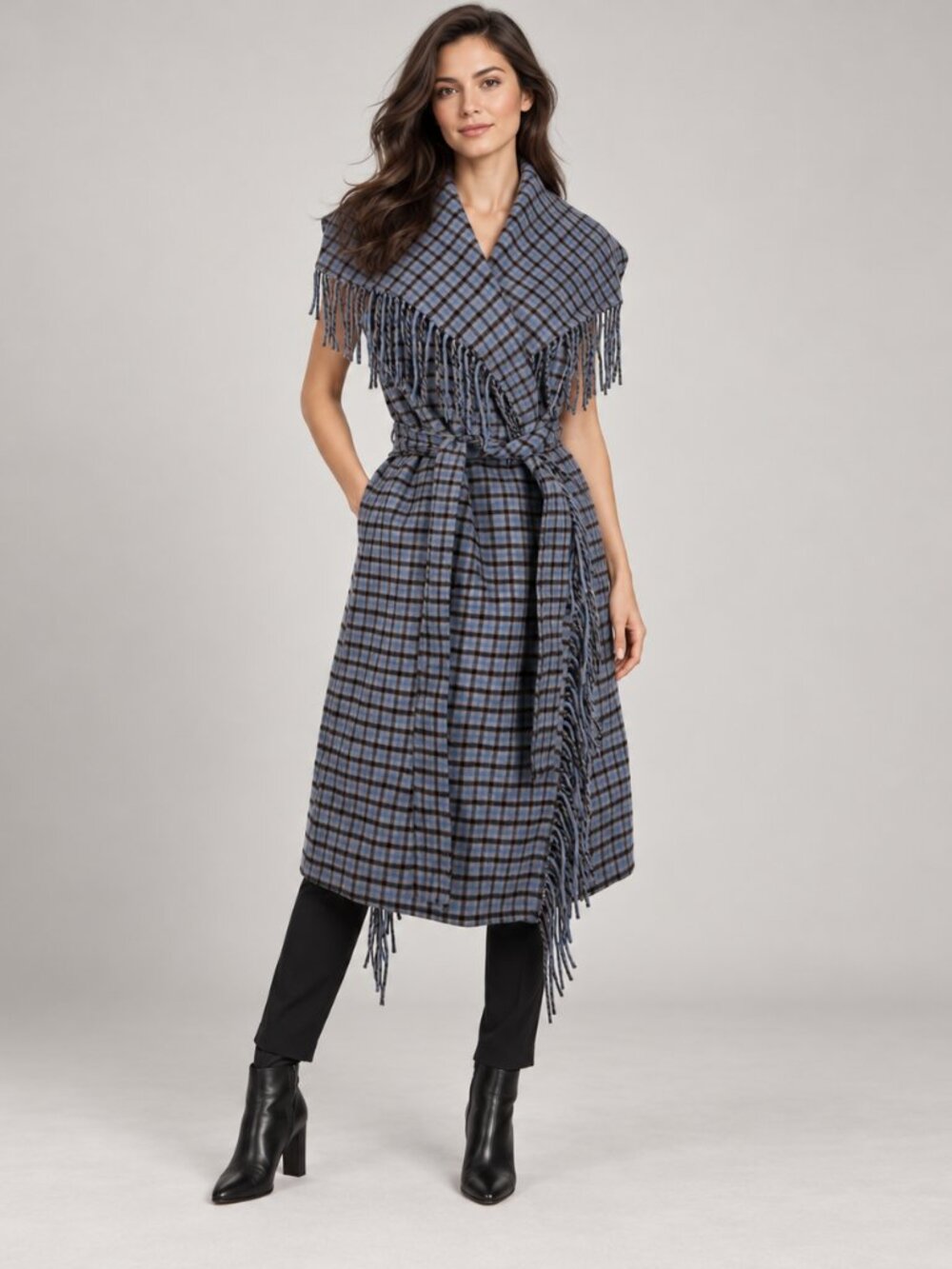 NWT Elie Tahari Blue Plaid Belted Fringe Poncho Wrap Size M